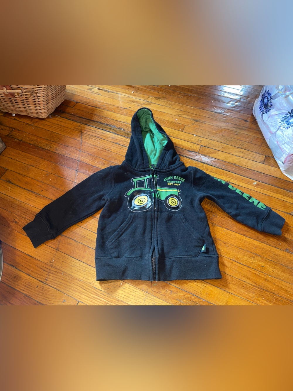 Kids John Deere Black Hoodie Sweatshirt Jacket w/ Green Tractor Graphic - Sz 2T